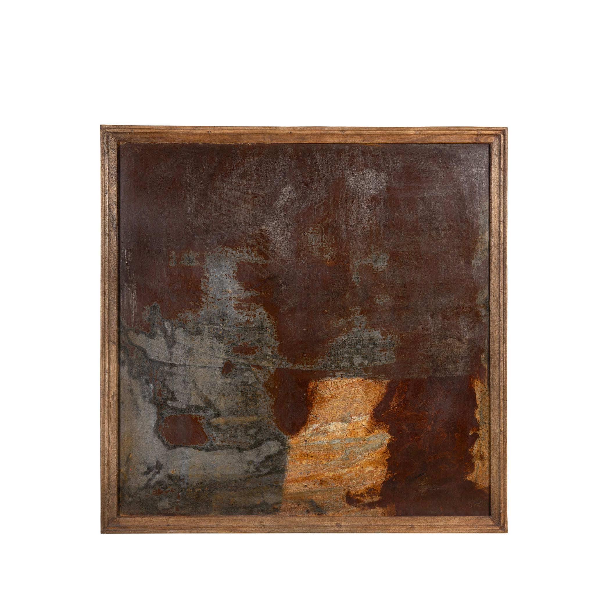White background image of a rusted iron wall panel framed in teak wood with naturally formed abstract patterns – a unique iron wall decoration perfect for modern and industrial spaces.