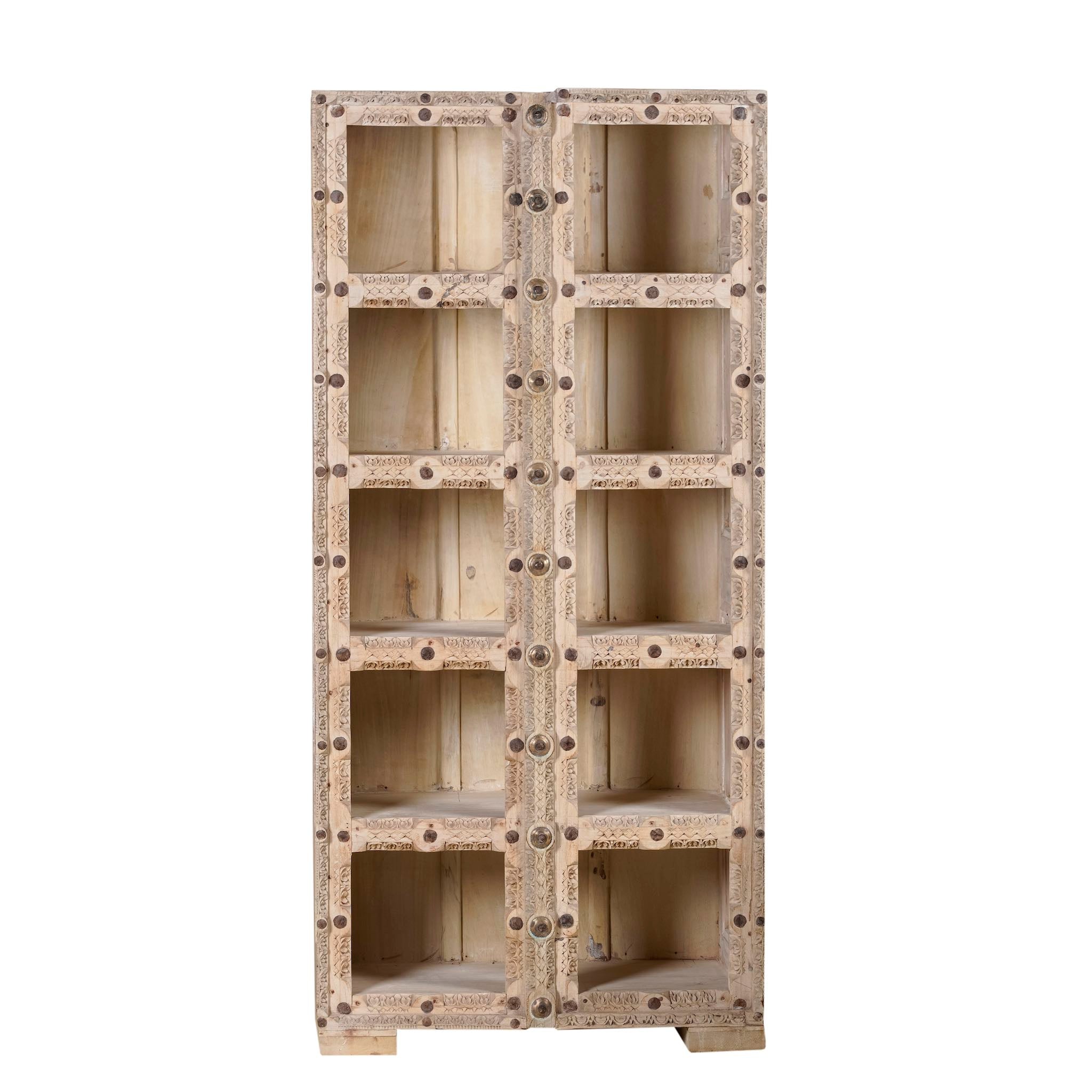 White background image of a reclaimed teak wood shelving unit with 10 compartments and iron fittings – sustainable furniture combining practicality, style, and handcrafted quality.