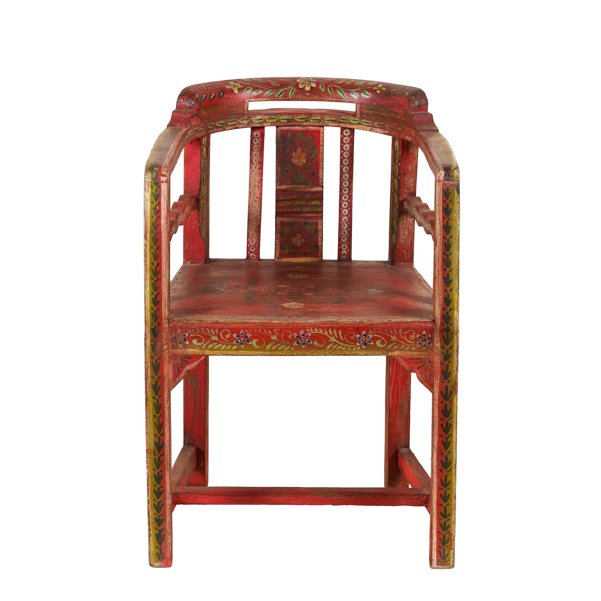 Hand-painted armchair crafted from reclaimed teak wood, featuring intricate traditional floral patterns in earthy tones on the backrest, seat, and frame, with a rustic and vintage finish.