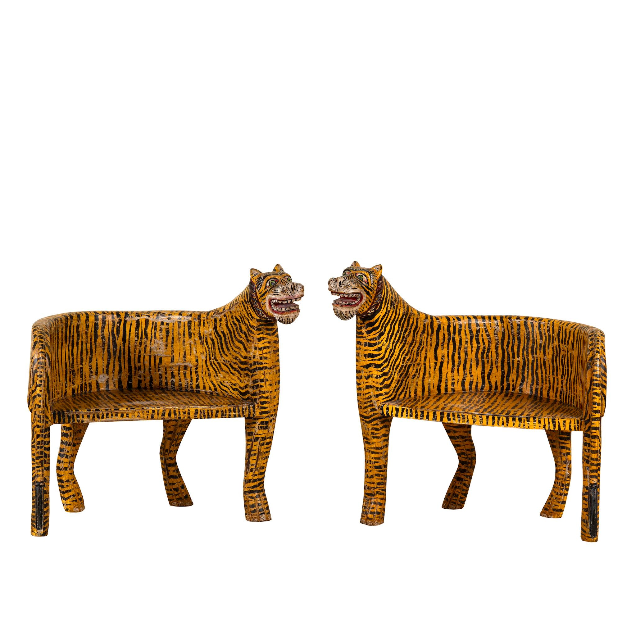 White background view of a hand painted tiger chair made of reclaimed wood, a unique decorative furniture not only for a children room. The head of the chair can be purchased in right or left direction.