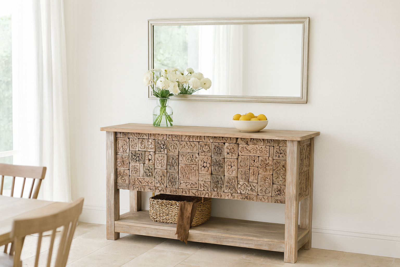 Lifestyle imagination of a reclaimed teak console table with hand-carved antique elements and rustic finish, 140 × 38 × 93 cm.