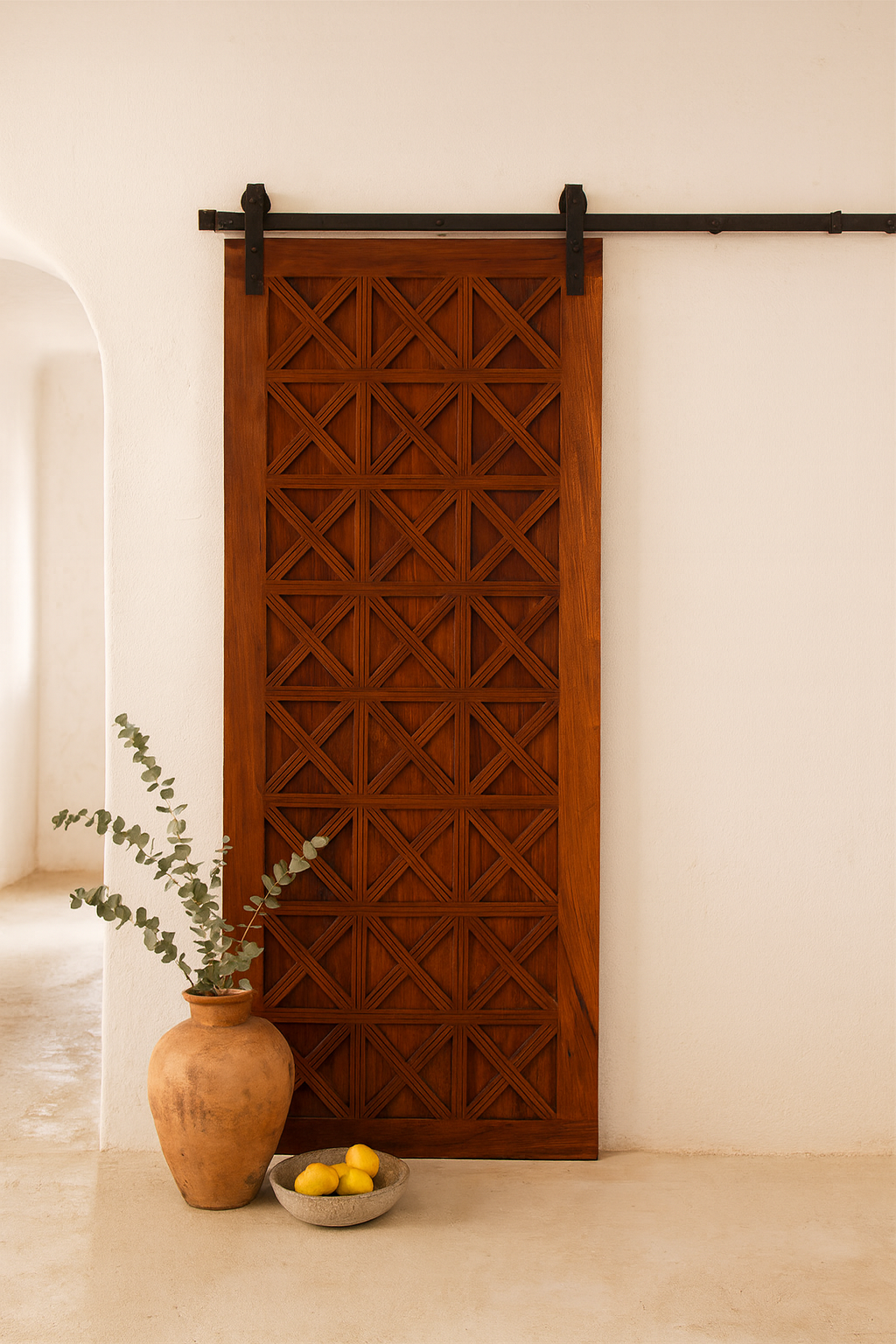 Vintage wall panel Nila teak, handcrafted reclaimed wood Indian door with geometric carvings, 100 × 5 × 220 cm.