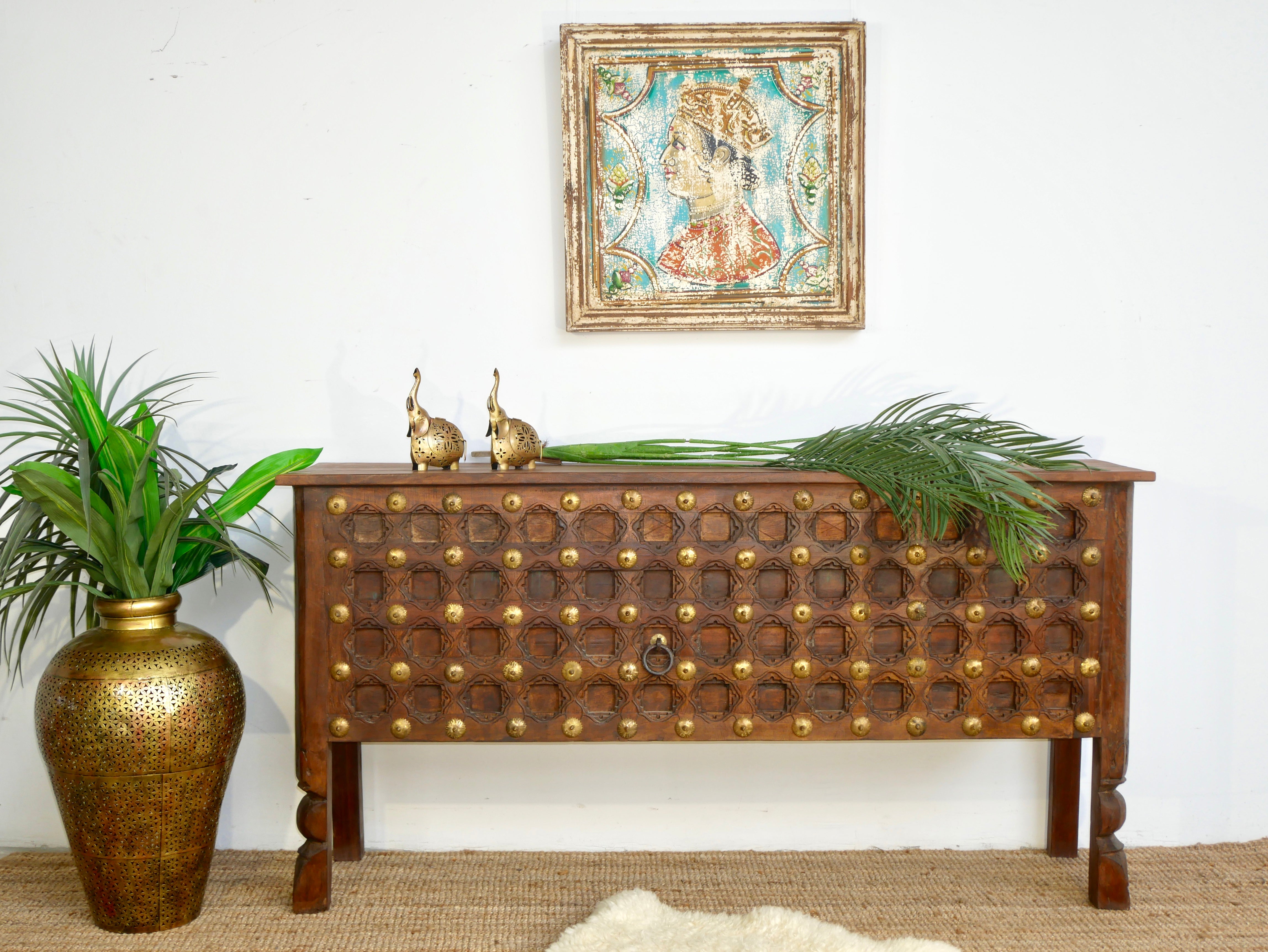Antique door console table handcrafted from reclaimed teak wood with original paint; teak wood console, 180 × 90 × 43 cm.