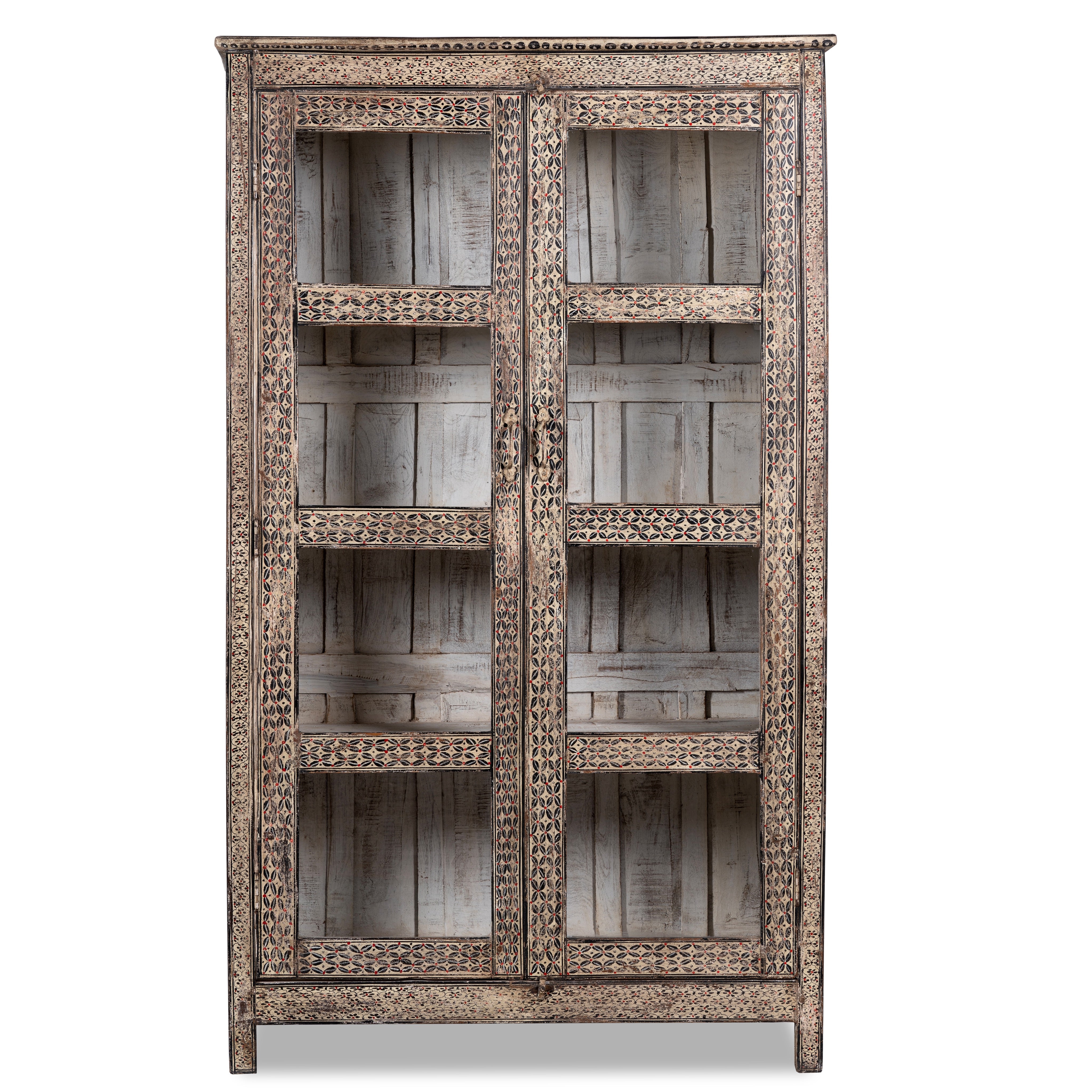 White background image of a handcrafted reclaimed teak wood display cabinet with glass doors and hand-painted Sanskrit symbols – sustainable furniture with vintage soul and artisanal charm.