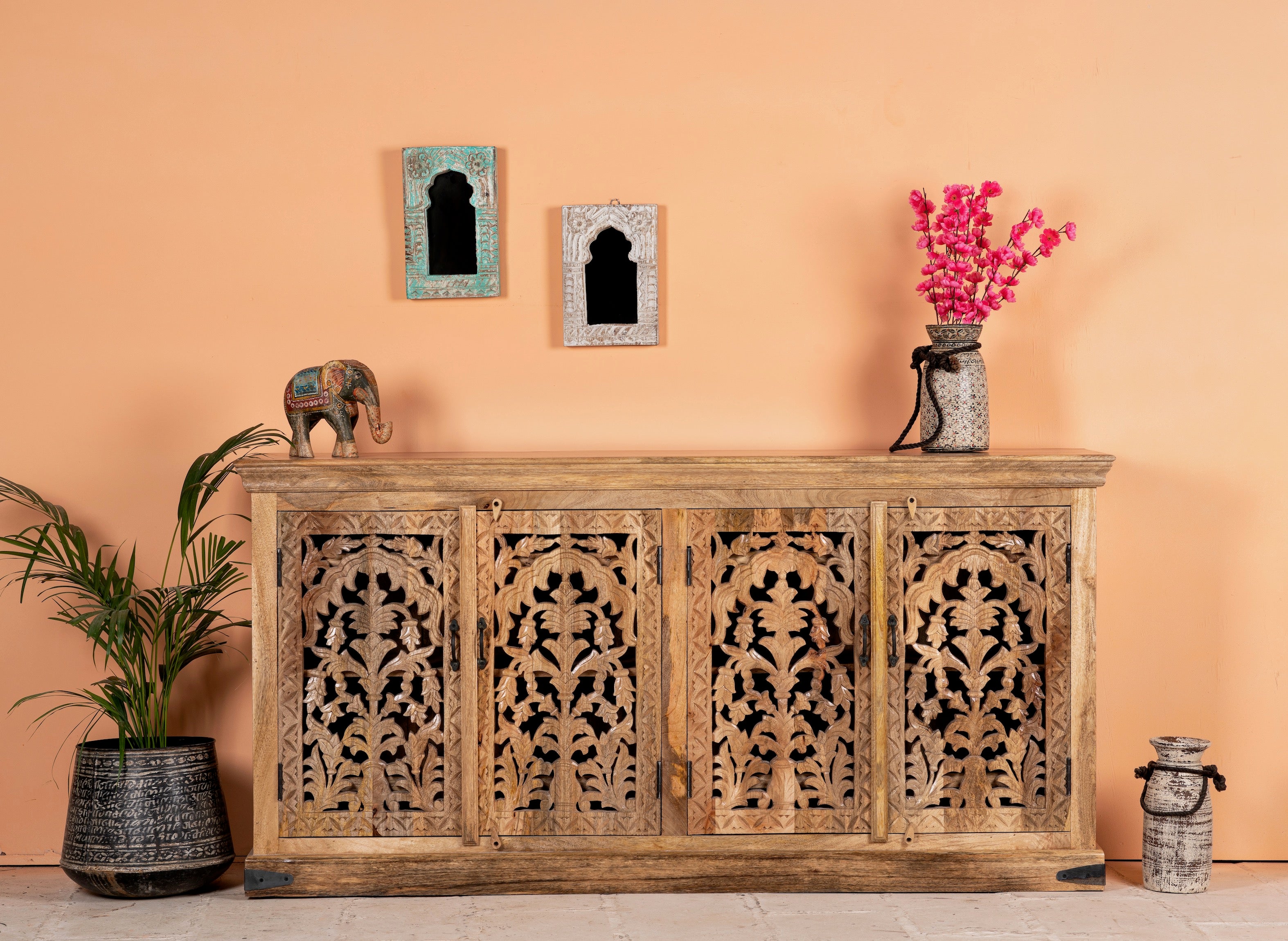 Hand carved mango wood sideboard Bawith whitewashed finish and intricate Indian patterns; ideal for bedroom furniture or as a hand carved sideboard, 180 × 90 × 40 cm.