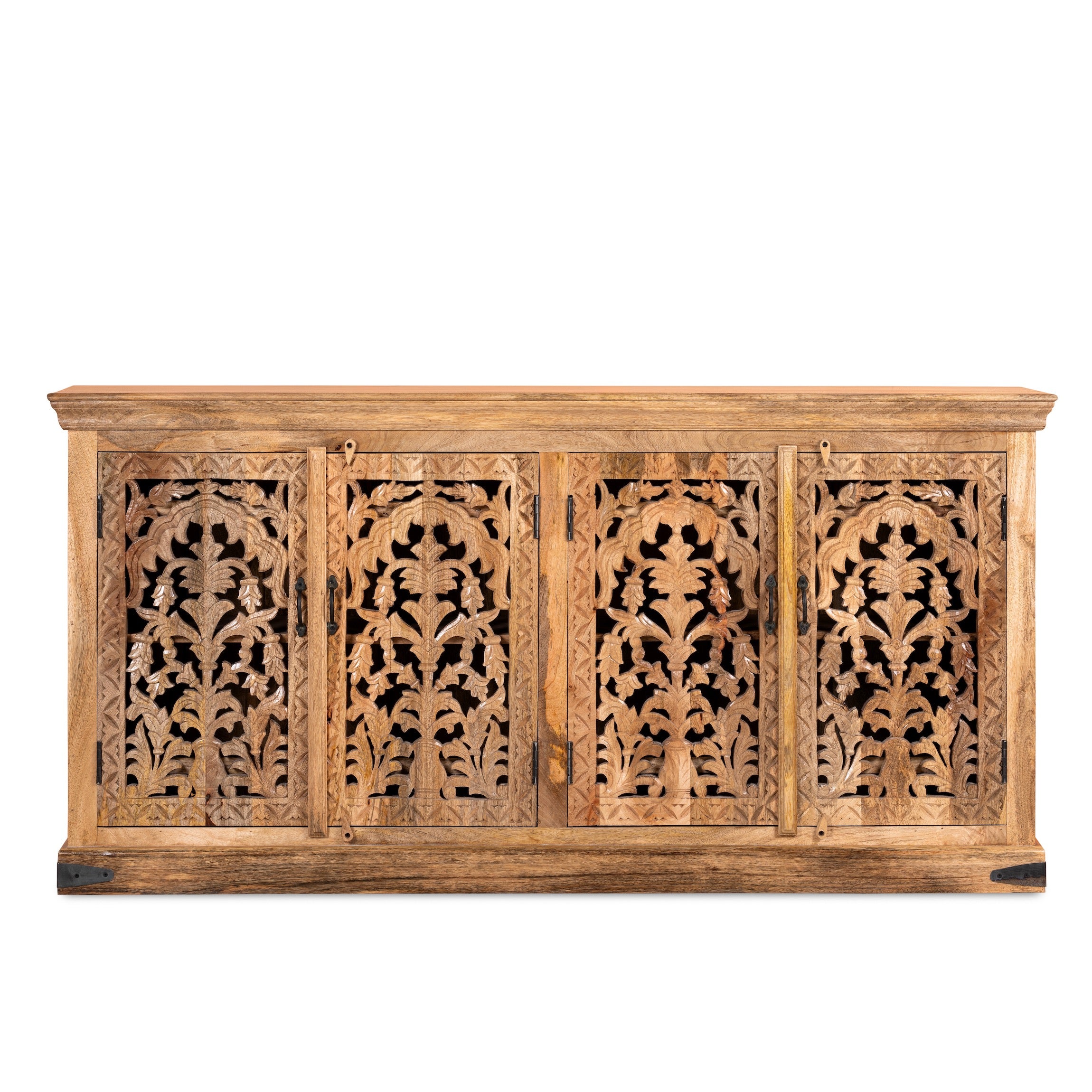 White background image of a hand carved mango wood sideboard Bagodara with whitewashed finish and intricate Indian patterns; ideal for bedroom furniture or as a hand carved sideboard, 180 × 90 × 40 cm.