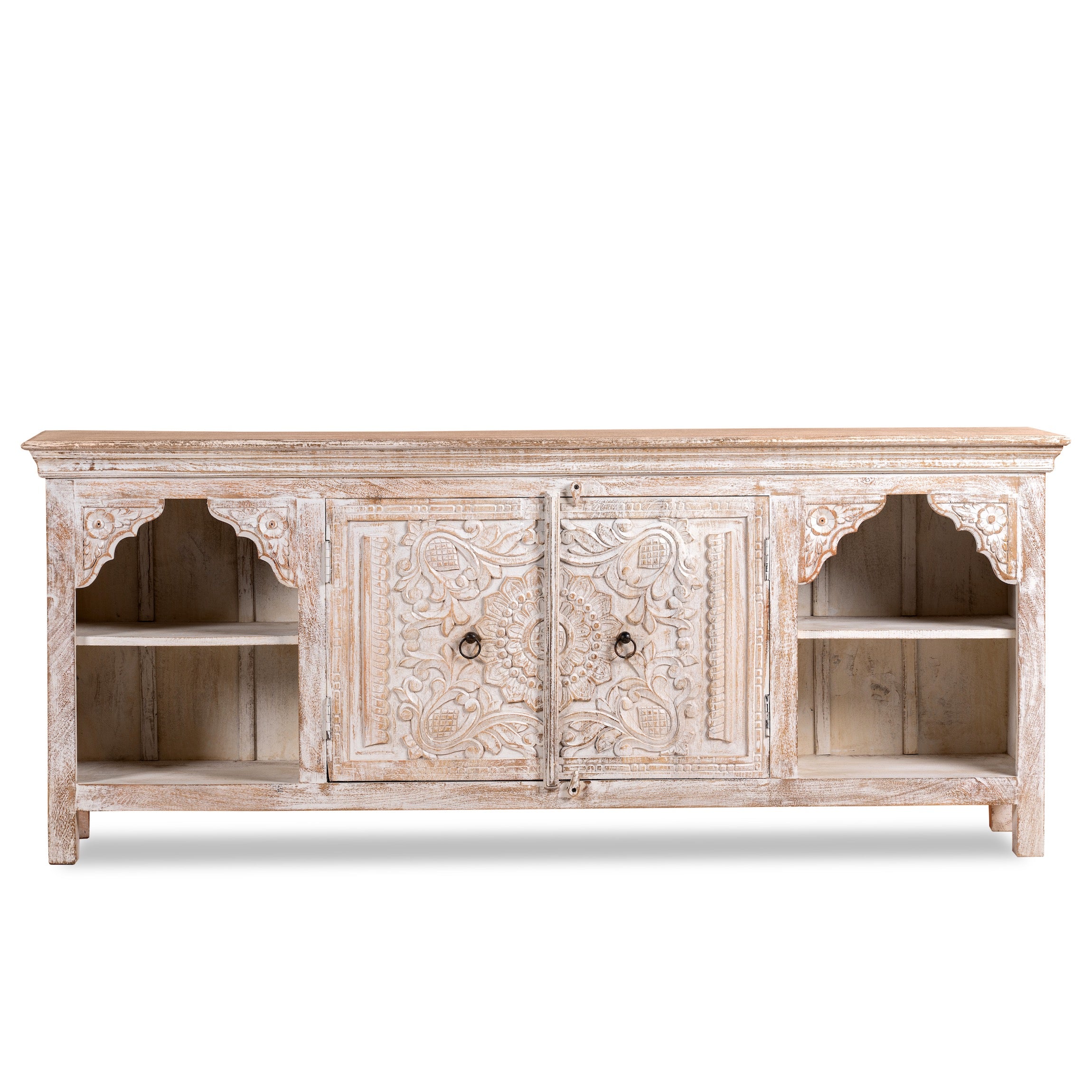 White background image of a hand-carved mango wood Mediterranean lowboard with floral engravings and whitewashed finish – carved wooden furniture combining traditional Indian craftsmanship with rustic elegance.