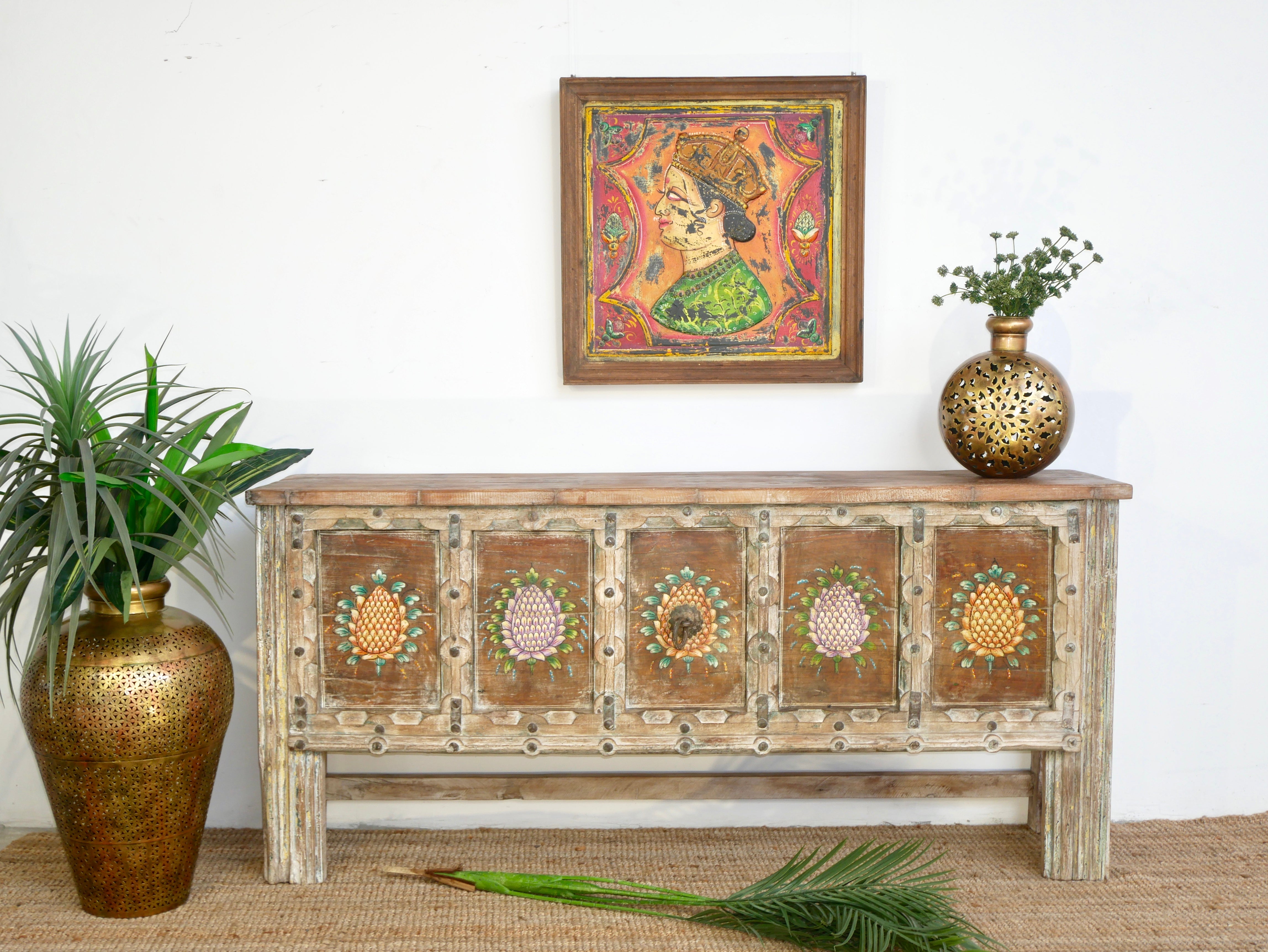 Teak wood console table made from recycled antique house parts with hand-painted front; sustainable furniture, 183 × 85 × 42 cm.