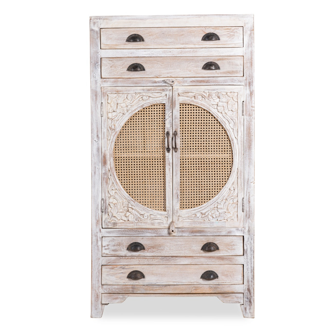 White background image of a handcrafted mango wood cabinet with rattan doors and carvings, living room furniture in whitewashed finish, 80 × 148 × 40 cm.