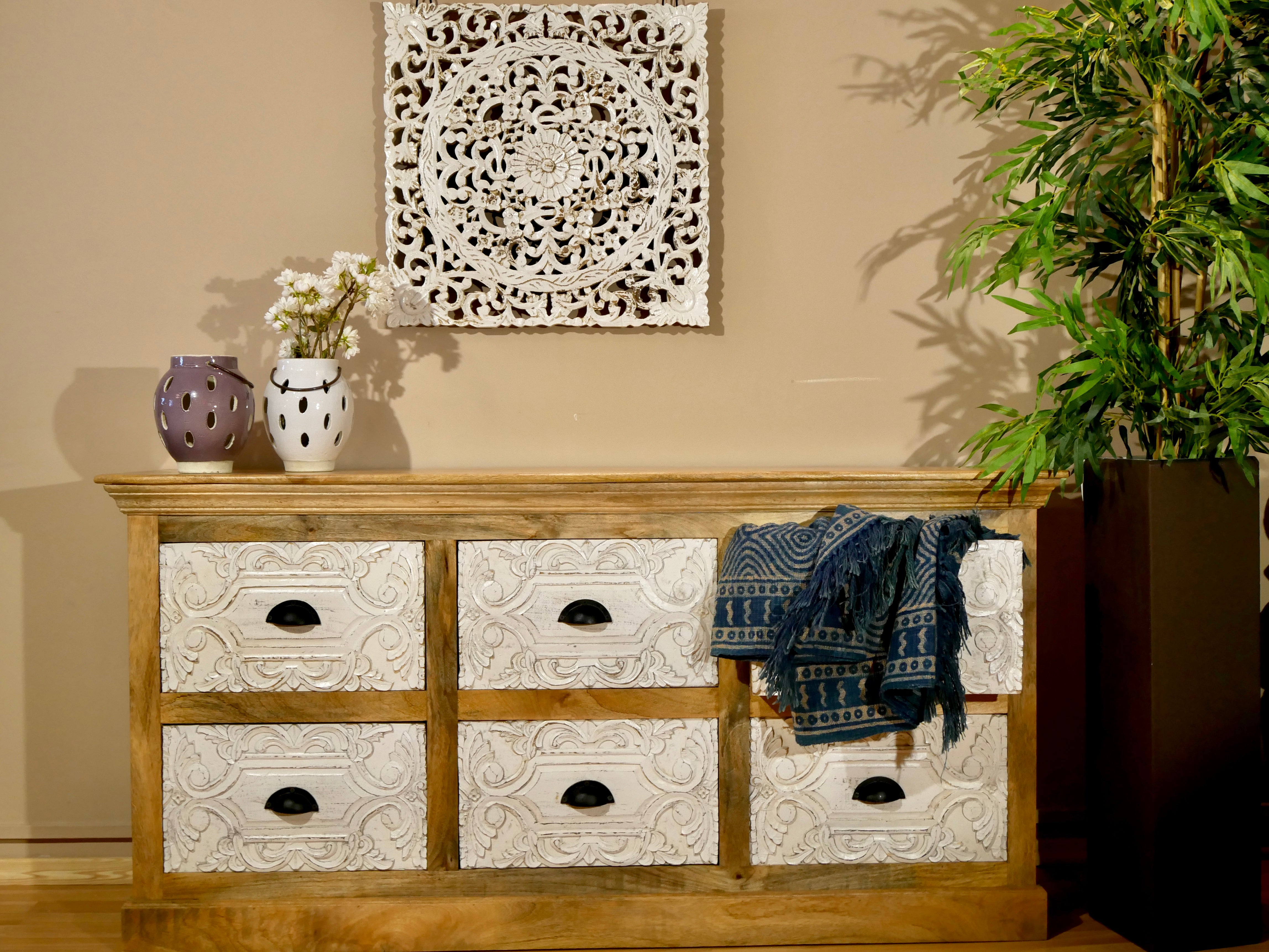 Handcrafted wooden chest of drawers made from mango wood with six hand-carved fronts – Gaya by Om Home & Garden, Mediterranean style furniture with artisanal character.