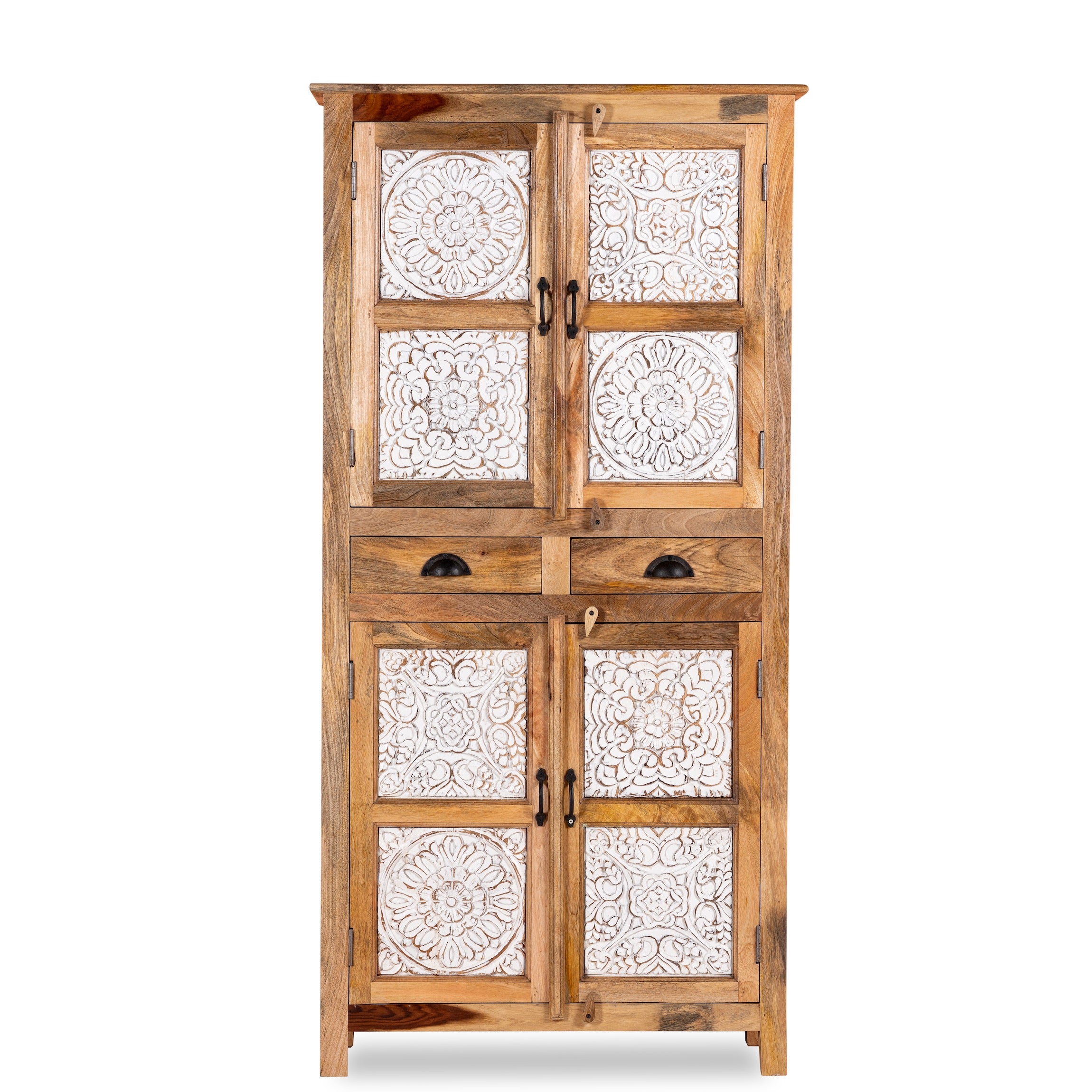 White background image of a hand-carved wooden wardrobe made from mango wood with whitewashed floral carvings; perfect as bedroom furniture, 90 × 180 × 40 cm.