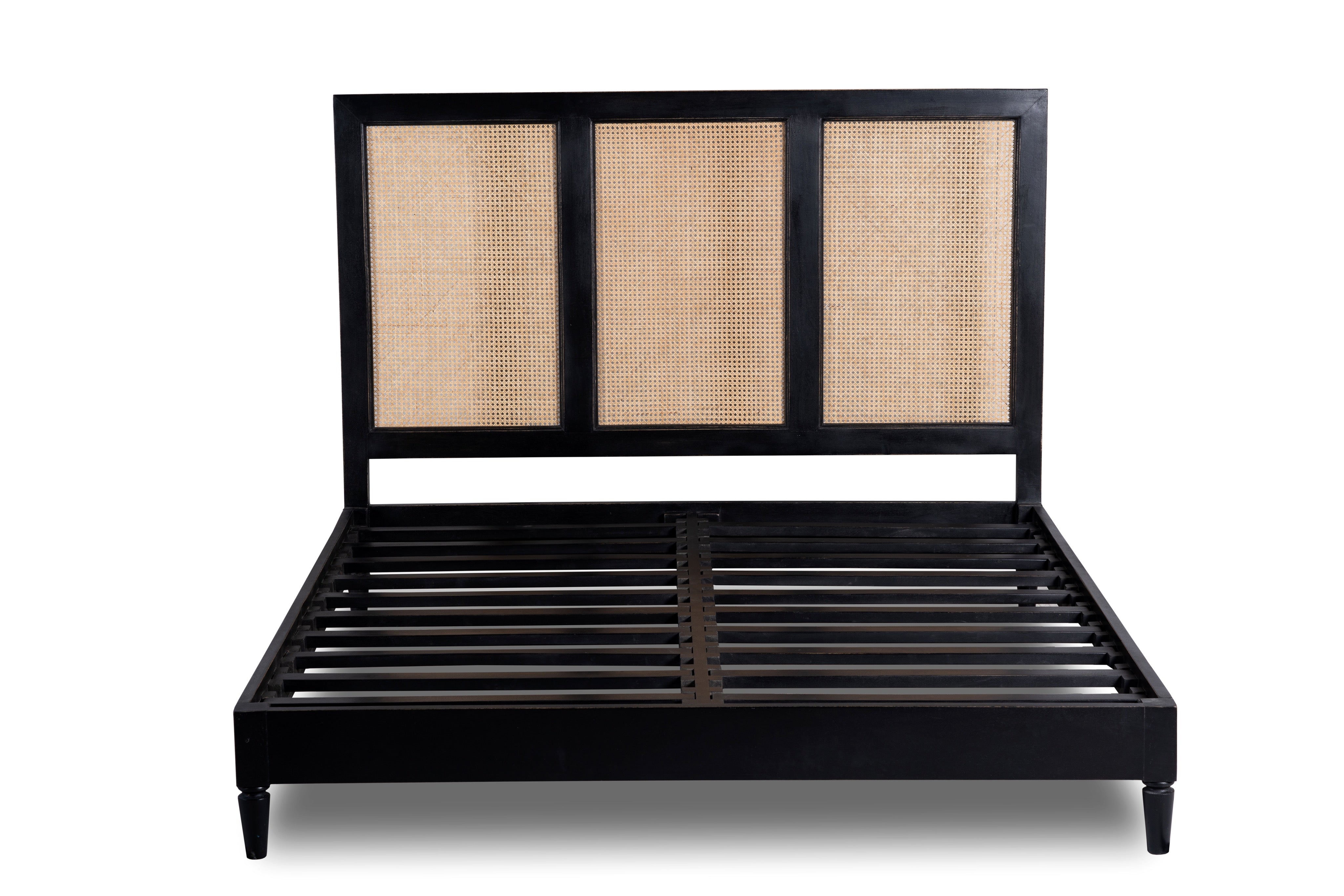 White background image of a handcrafted Indian bed Govinh in mango wood with black rattan panels, artisanal bedroom furniture, 180 × 200 cm.