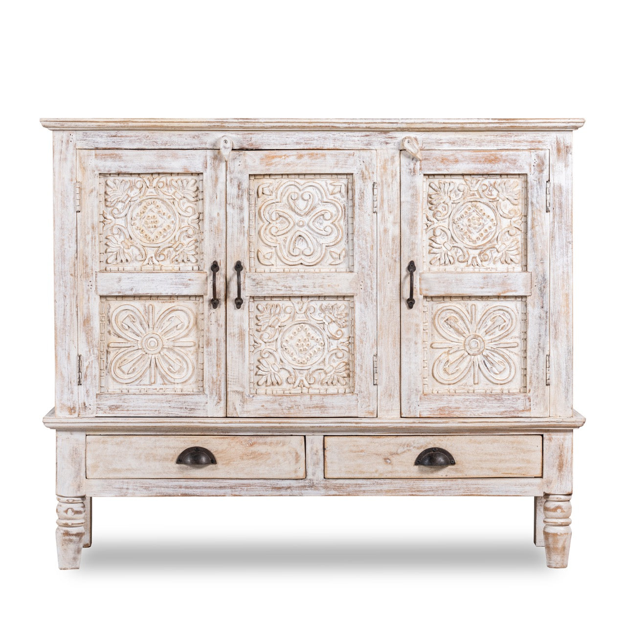White background image of a whitewashed hand carved wooden sideboard made from solid mango wood with floral patterns, 3 doors and 2 drawers; artisanal mango wood furniture, 120 × 100 × 40 cm.