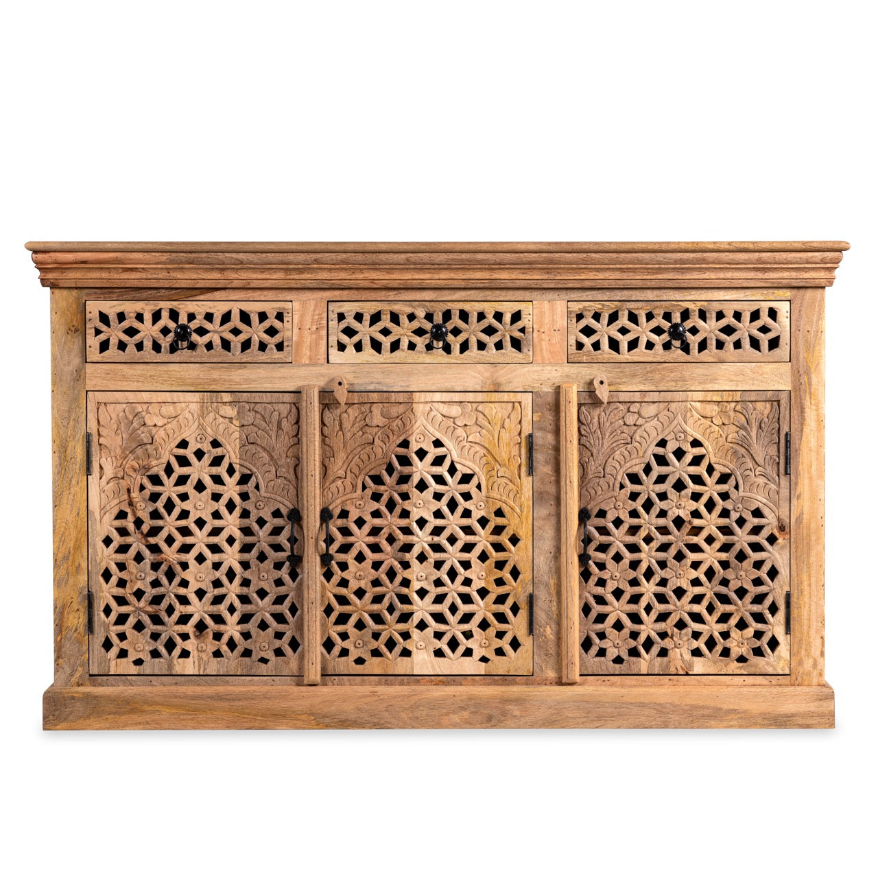 White background image of a hand-carved mango wood sideboard Kaveri with 6 compartments and 3 drawers, oriental-inspired mango wood furniture, 150 × 90 × 40 cm.