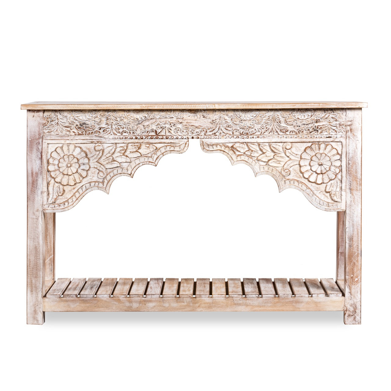 White background image of a Kolkata carved wood console table in solid mango wood, vintage entryway table with floral motifs and storage shelf, 130 × 84 × 44 cm.