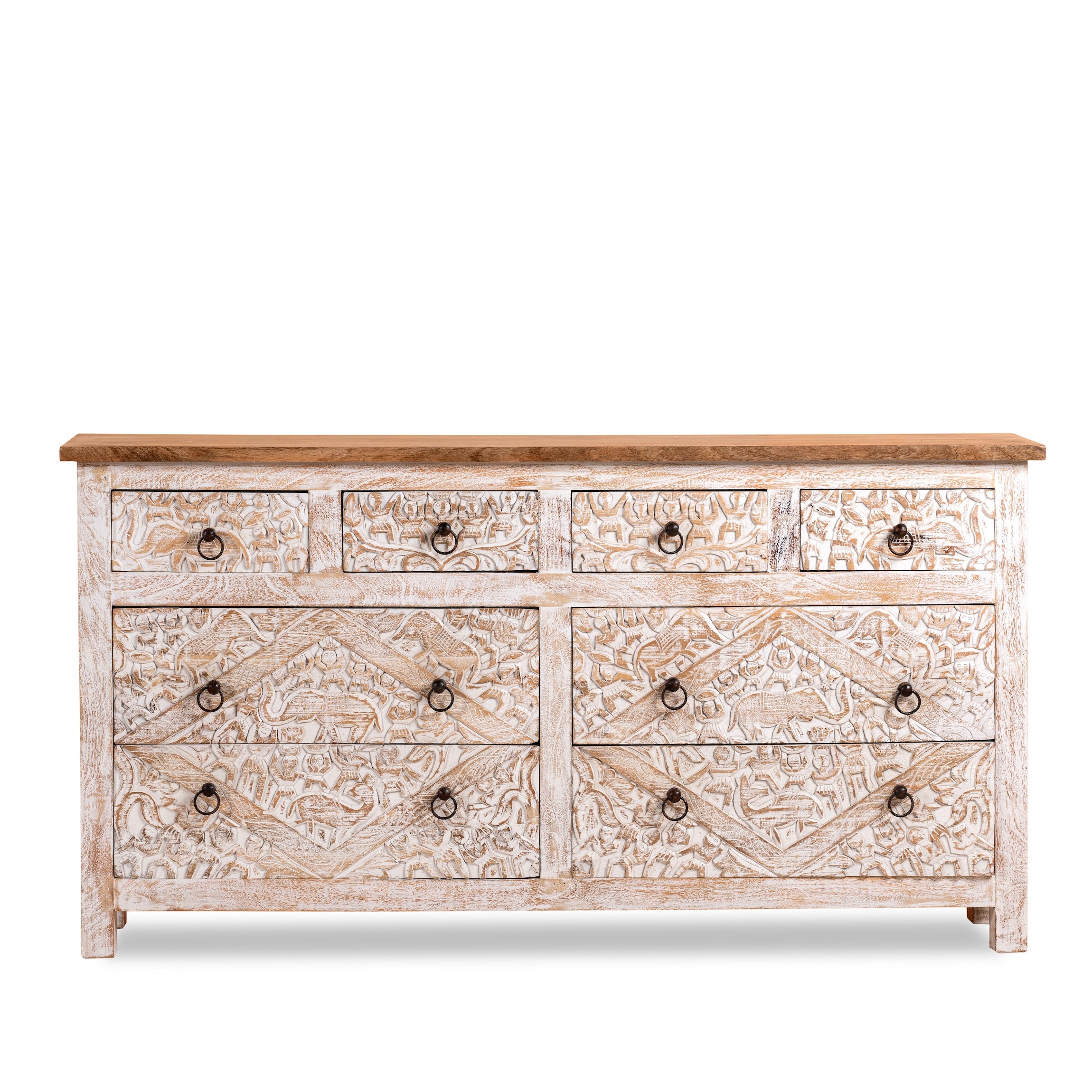 White background image of a hand-carved mango wood sideboard with elephant motifs and whitewashed finish; ideal for vintage home decor, 153 × 80 × 40 cm.