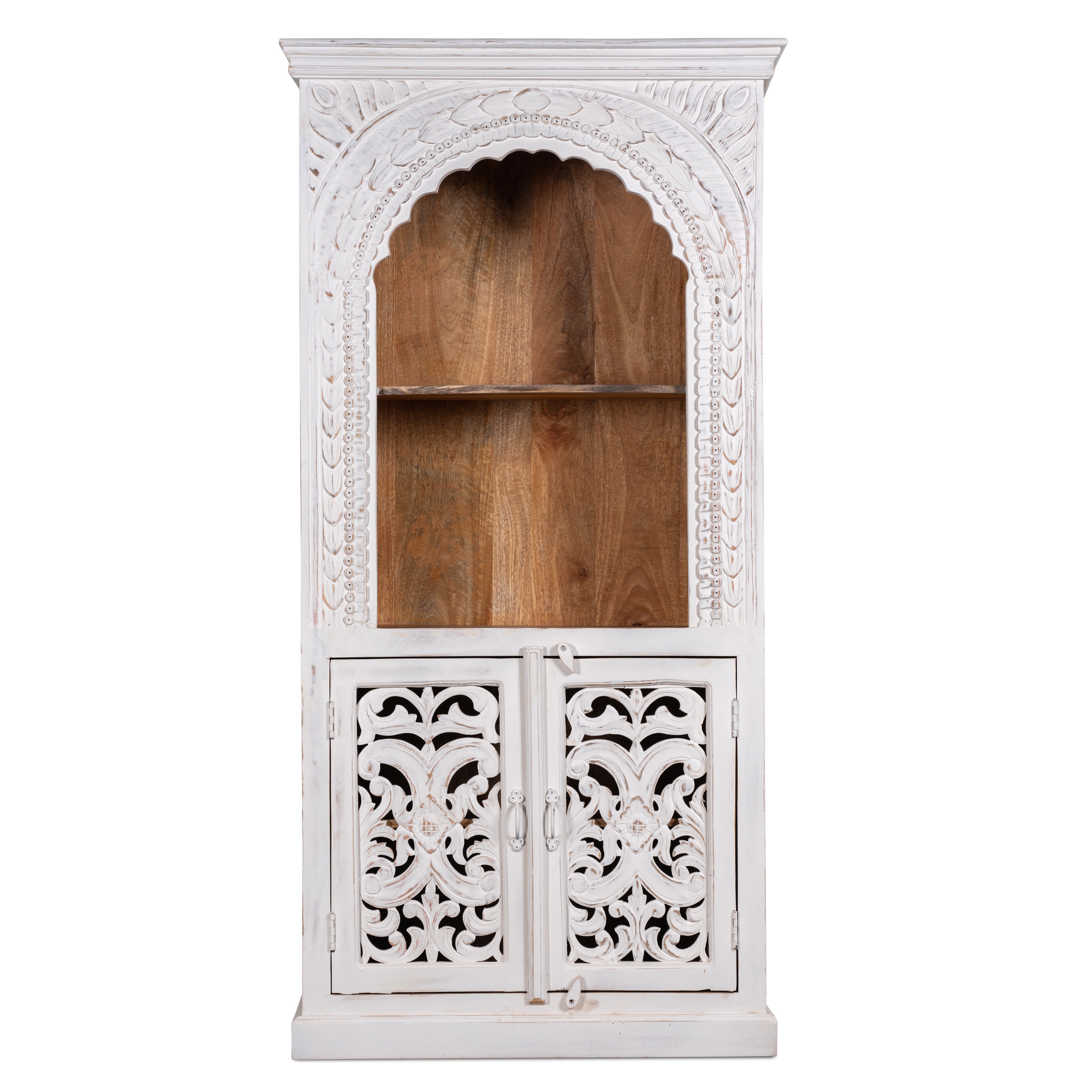 White background image of a hand-carved mango wood shelving unit with white washed finish and storage compartments – white washed wooden furniture ideal for vintage home accessories and Indian decor style.