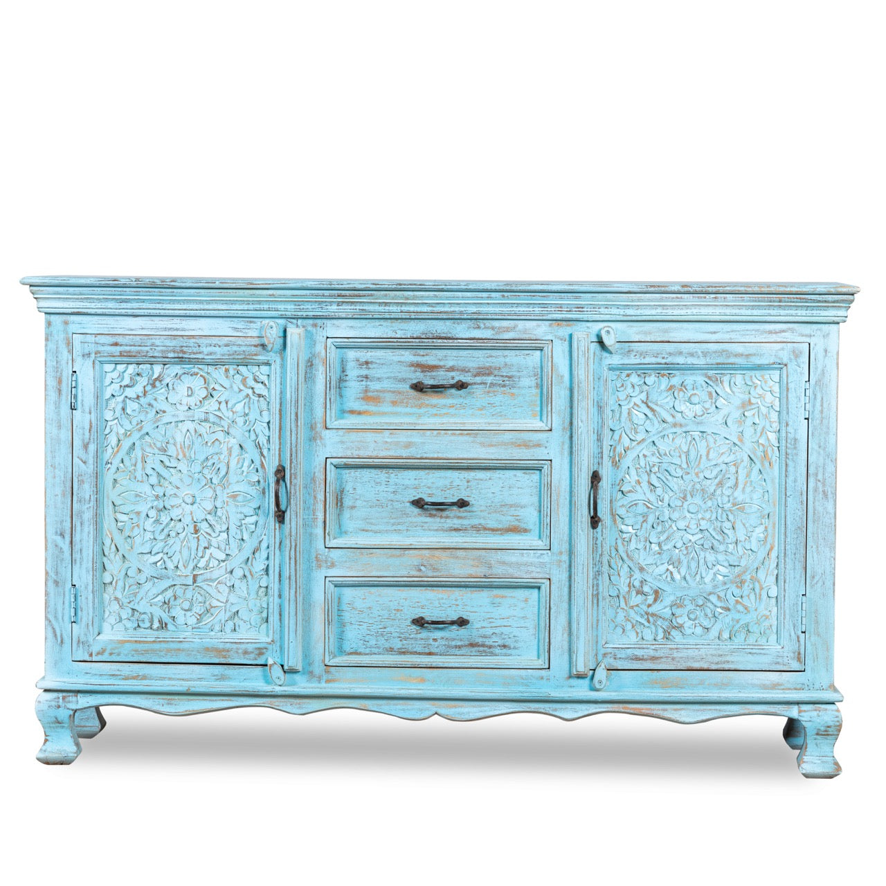 White background image of a hand-carved mango wood sideboard with distressed blue wash finish, artisanal furniture for bohemian interior, 150 × 40 × 90 cm.