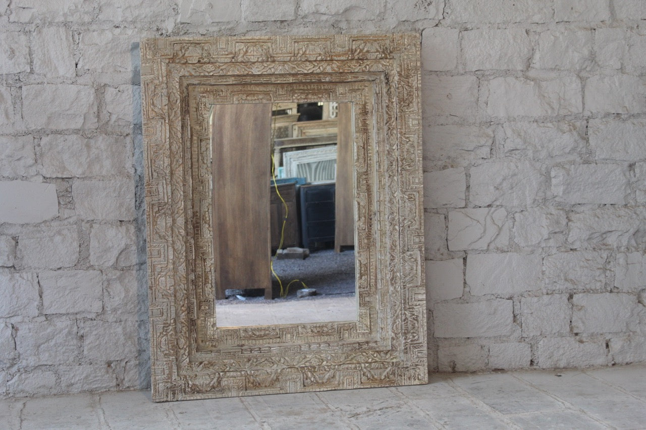 Warehouse pic of a vintage mango wood mirror with hand-carved frame; rectangular wall mirror, 76 × 102 cm.