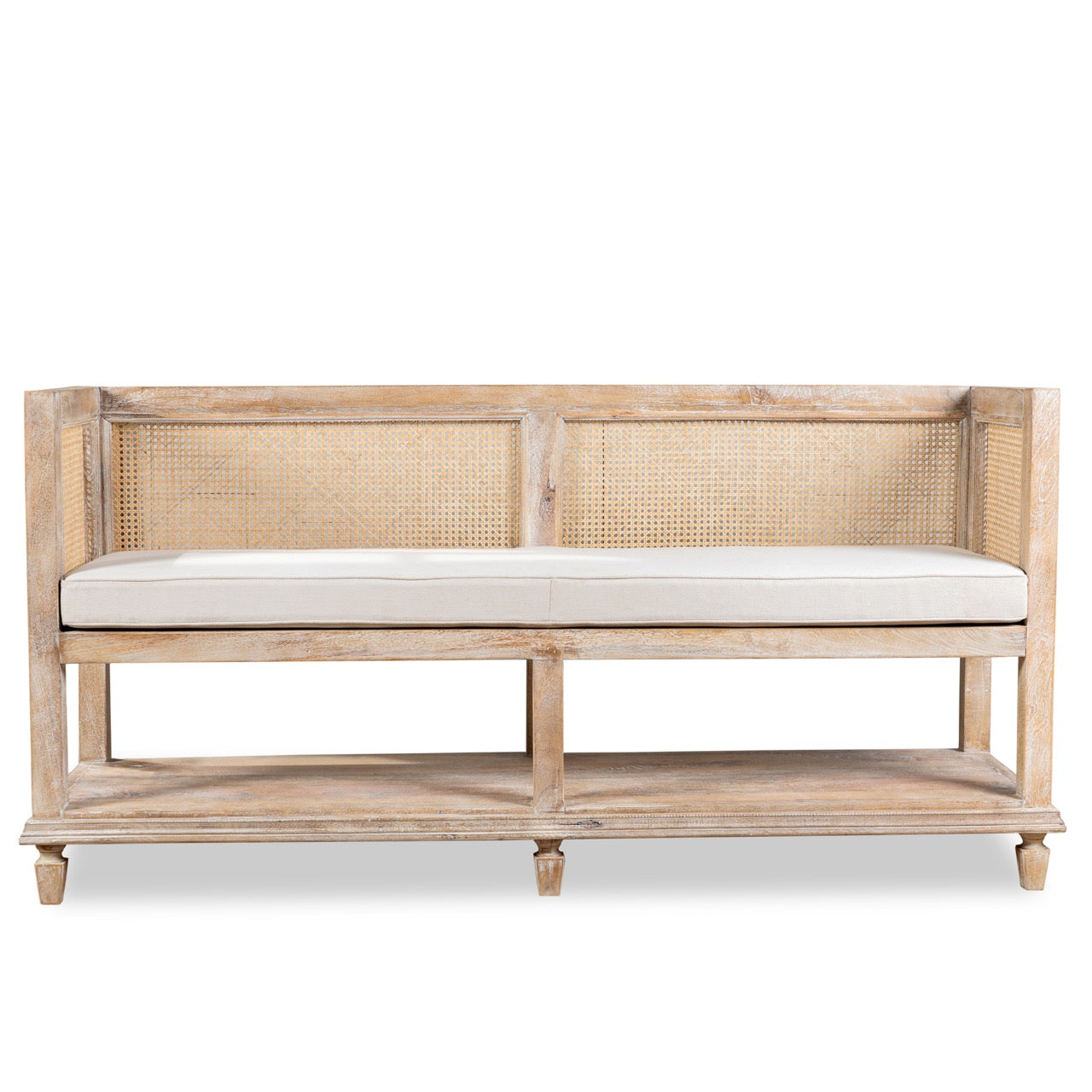 White background image of a mango wood and rattan furniture bench with cotton seat cushion; natural finish, 180 × 50 × 75 cm.