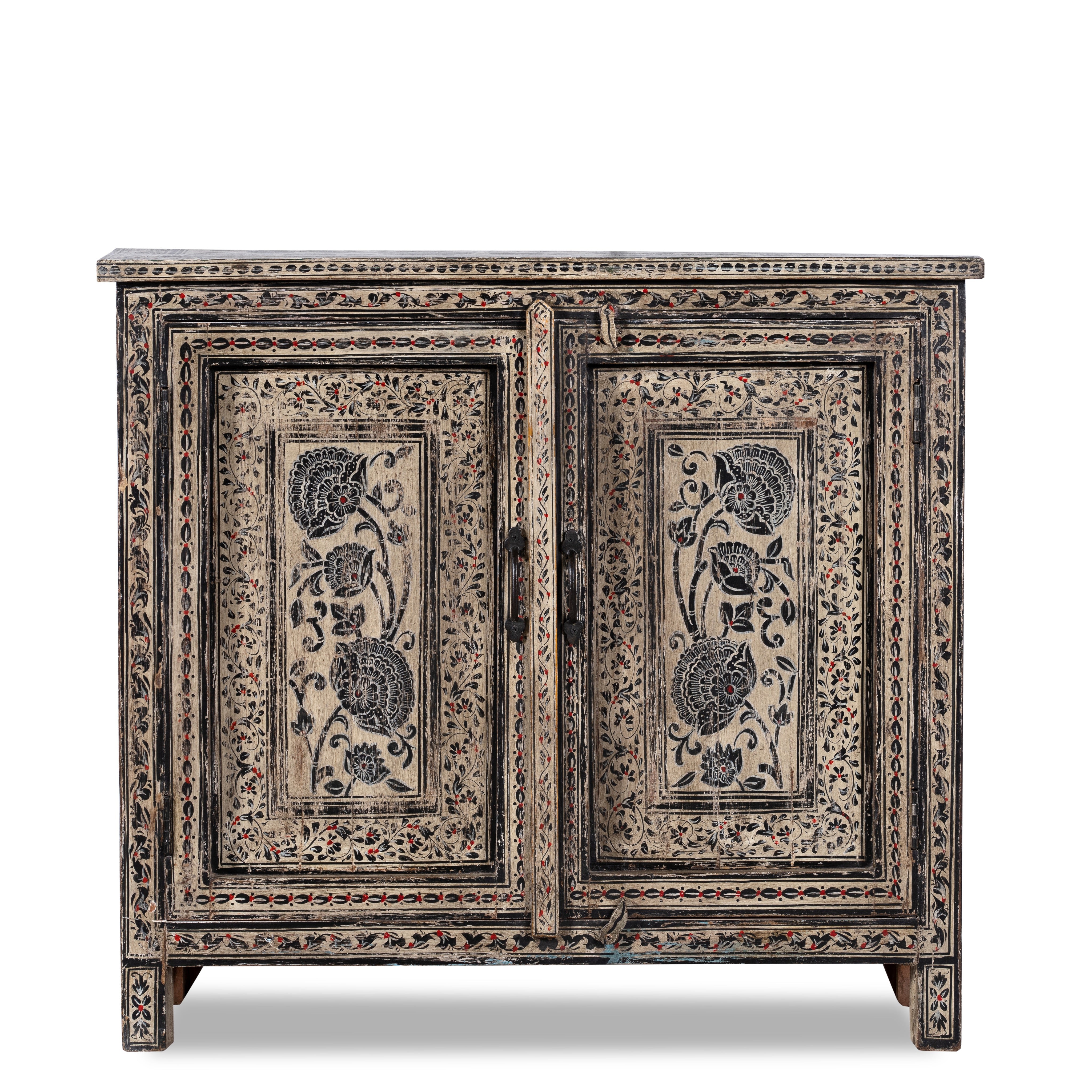 White background image of a hand-painted cupboard made from reclaimed wood with Indian floral motifs; ideal for boho chic living room or unique furniture decor, 100 × 92 × 36 cm.