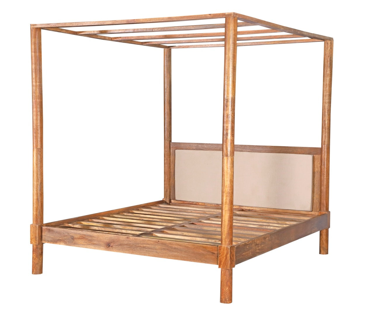 White background image of a Handcrafted four poster boho bed Svarg in solid mango wood, Mediterranean-inspired artisanal bedroom furniture, 190 × 200 cm.