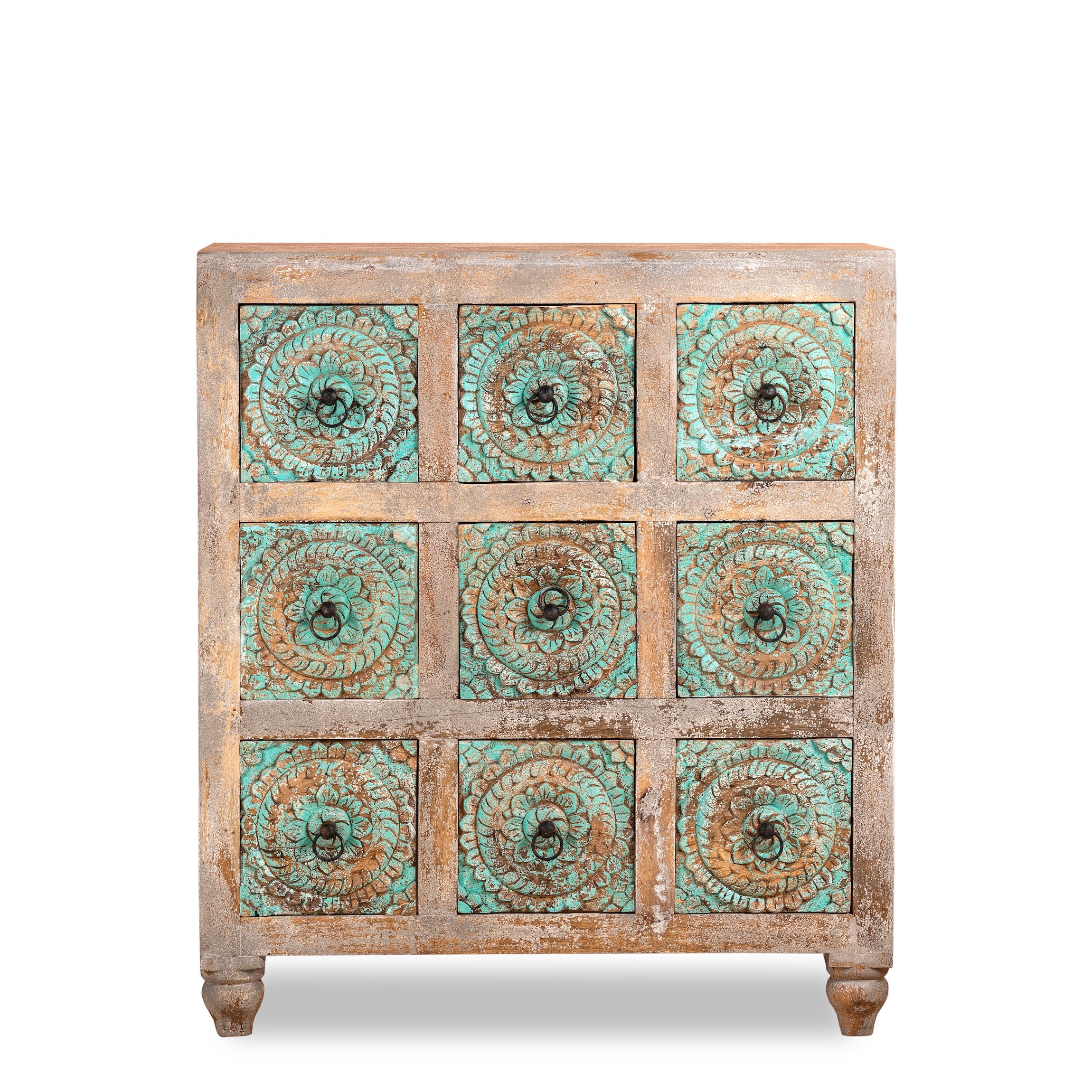 White background image of a hand-carved mango wood vintage chest of drawers with greenwashed floral fronts and antique white finish; perfect for bedroom furniture, 90 × 100 × 40 cm.