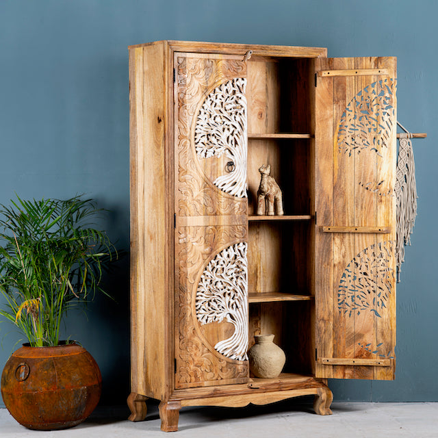 Kalesar Hand Carved Mango Wood Wardrobe Tree Of Life 180 cm Om Home Garden