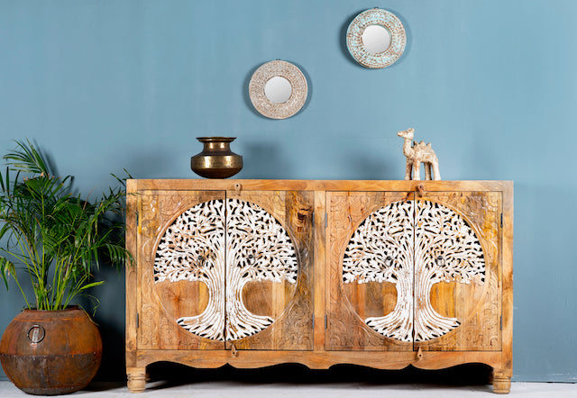 Mussori Hand Carved Tree Of Life Design Mango Wood Sideboard 180cm Om Home Garden