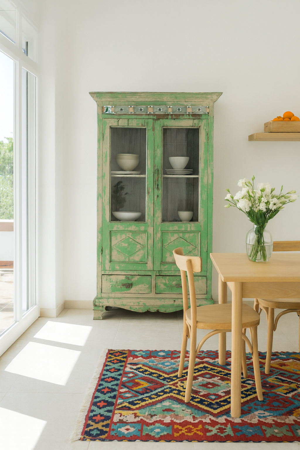 Lifestyle image of a reclaimed teak wood vitrine with distressed green finish, ceramic inlays, and glass-panelled doors – sustainable furniture with vintage Indian charm.