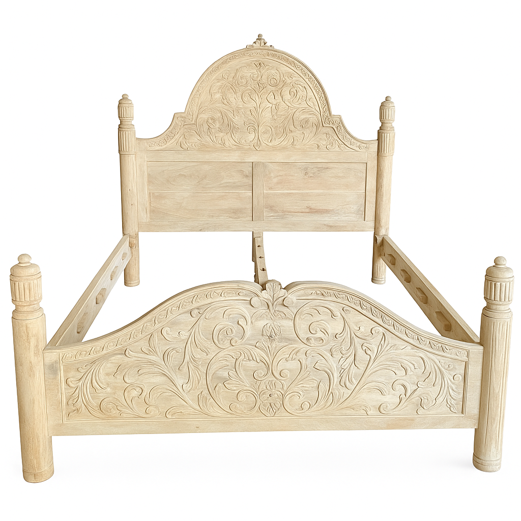 White background image of a 180x200cm beautiful hand-carved bed made from solid mango wood. Available in natural or whitewashed finish. Sustainable, artisan-crafted, and full of character.

