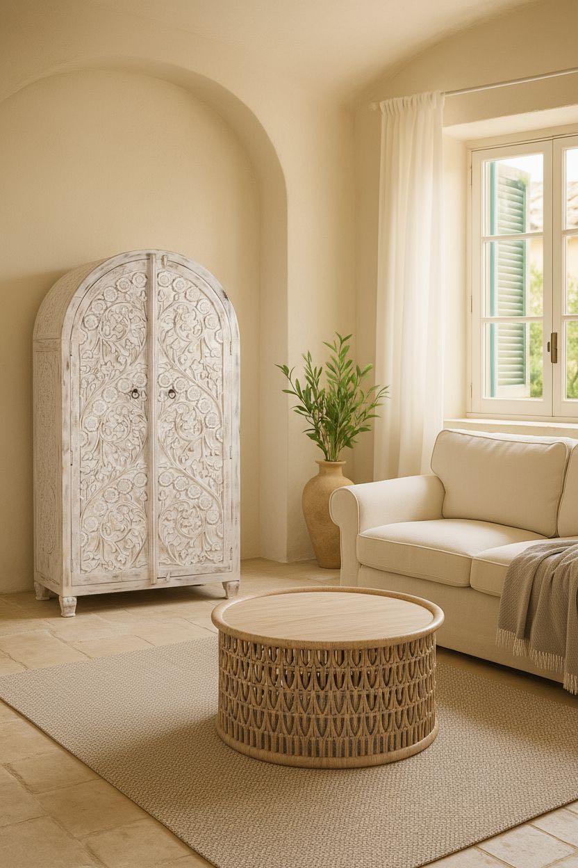 White-washed hand-carved mango wood cabinet in Ibiza style, a statement piece for vintage home decor.