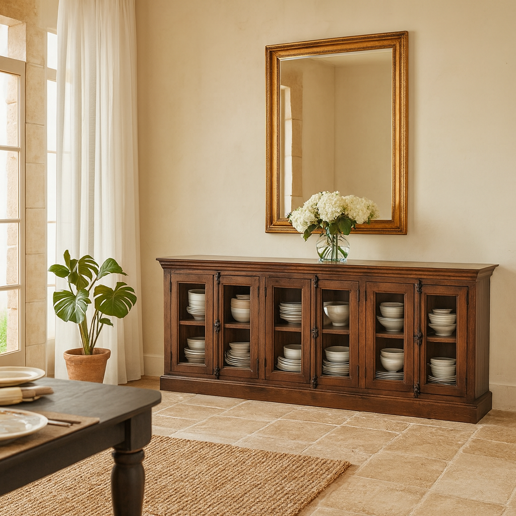 Lifestyle imagination of a reclaimed teak furniture sideboard with glass doors, rustic living room furniture with boho style, 257 × 46 × 100 cm.