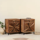 Side angle image of a driftwood cabinet with sunburst front pattern and iron legs, one drawer and cabinet; looks great as sink base cabinet or accent furniture, 63 × 40 × 73 cm.