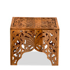 White background image of a square hand carved coffee table made from solid mango wood with intricate detailing; compact and rustic, 50 × 50 × 40 cm.
