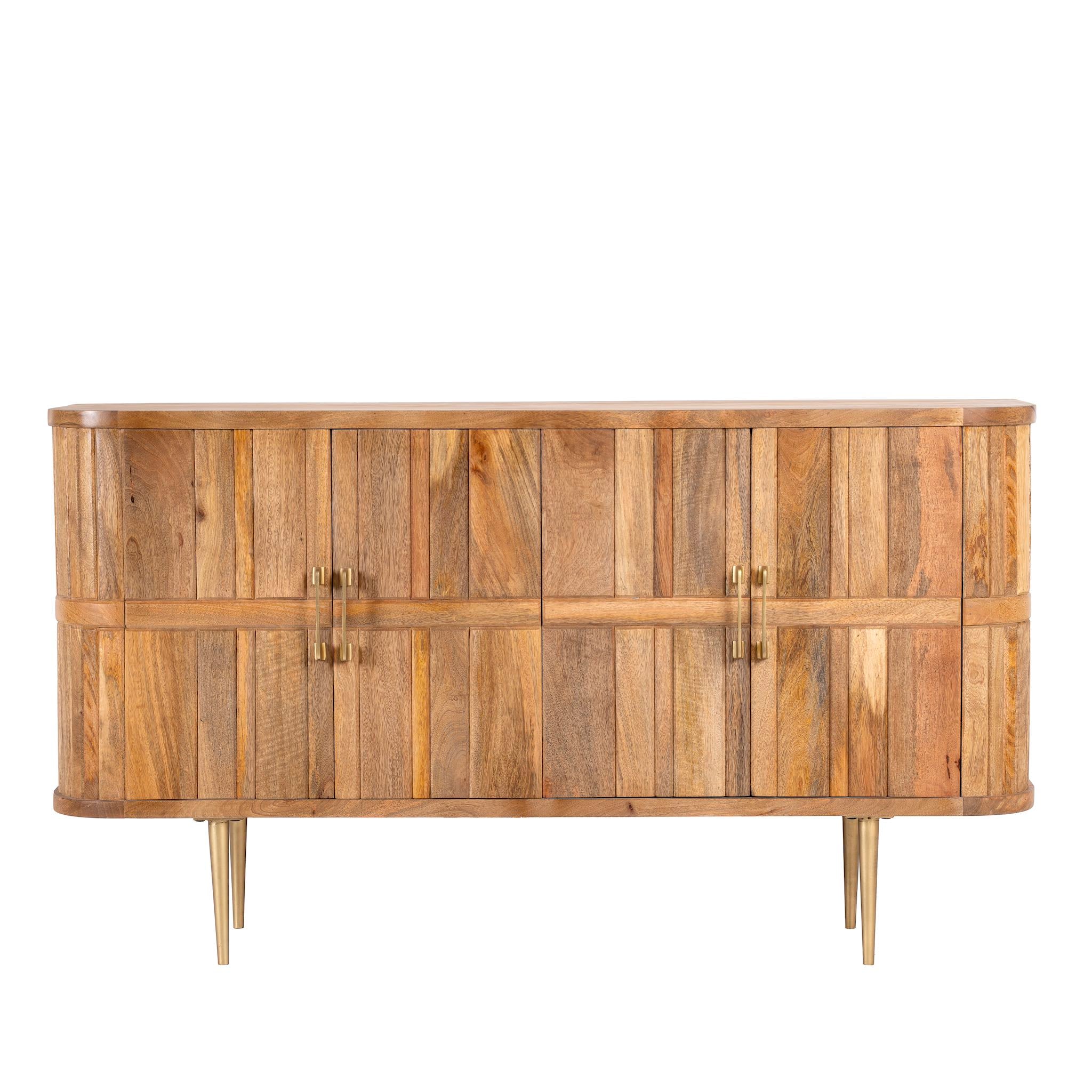 White background image of a handcrafted mango wood sideboard with curved door panels and brass-plated legs—minimalistic style living room furniture with natural elegance.