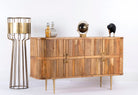 Side angle image of a handcrafted mango wood sideboard with curved door panels and brass-plated legs—minimalistic style living room furniture with natural elegance.
