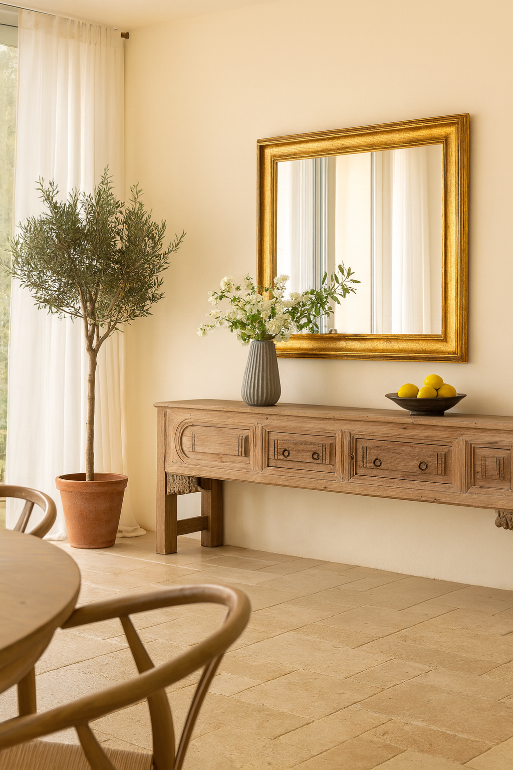 Lifestyle imagination of a Akhilesh carved console table made from reclaimed teak, a striking piece of unique wooden furniture.