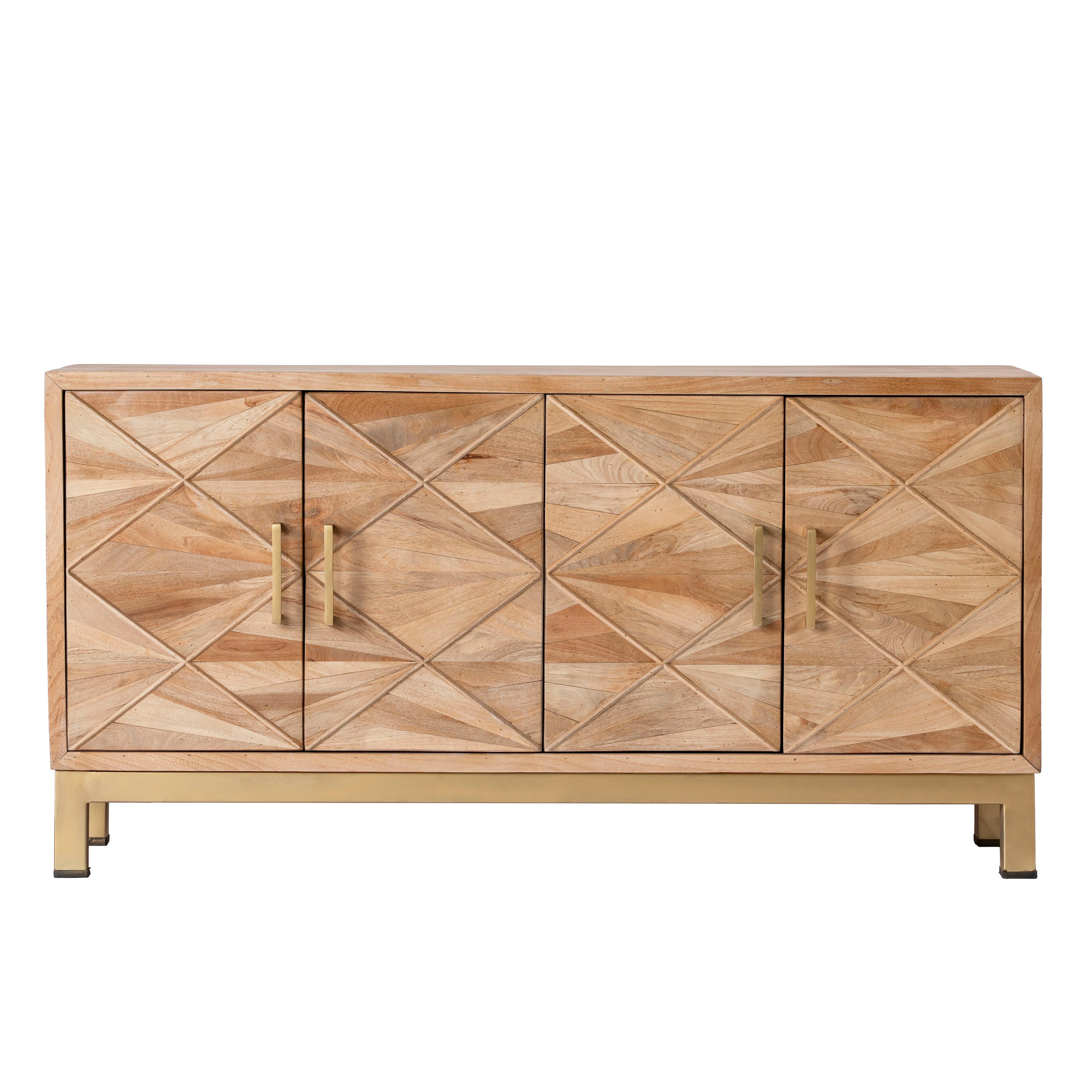 White background image of a handcrafted mango wood sideboard with star-carved doors and brass-plated iron stand—an artisanal furniture piece blending minimalistic and rustic design elements.