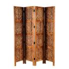 White background image of a foldable room partition made from mango wood, featuring four panels with intricate hand-carved floral and lattice designs, finished in a warm natural tone and connected by black metal hinges for flexible positioning.
