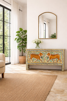 Lifestyle imagination of a reclaimed wood console table Alina in a Boho Tiger design, featuring hand-painted tigers and floral details. A bold piece of artisanal furniture perfect for colourful and eclectic bohemian interiors.