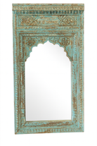 White background image of a hand carved wooden mirror made from antique Indian window frame, vintage green finish; 145 × 70 × 10 cm.
