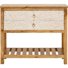 White background image of a white washed mango wood console table with floral hand-carved drawers and lower shoe shelf; rustic mango wood furniture, 90 × 40 × 75 cm.