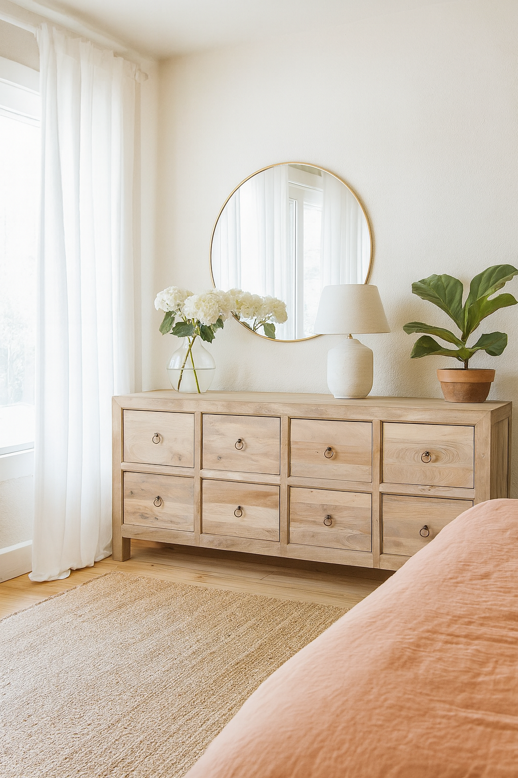 Lifestyle imagination of a Ibiza style chest of drawers made from sandblasted reclaimed wood, coastal furniture with 8 drawers and vintage metal pulls, 200 × 40 × 90 cm.