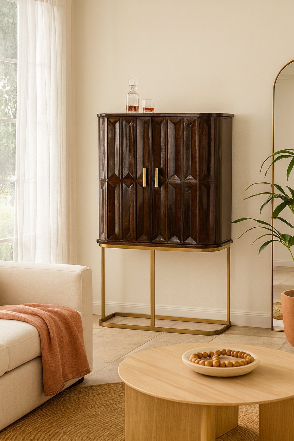 Lifestyle imagination of a tall mango wood cabinet with diamond tile carving, bronze handles, and black metal base, 86 × 42 × 150 cm.
