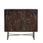 White background image of a hand-carved mango wood sideboard with brass-plated iron stand, an artisanal, minimalistic furniture piece combining natural warmth and modern elegance.