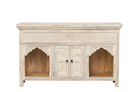 White background image of a mango wood console table with Oriental hand-carved front; Mediterranean style carved console table with two storage compartments, 150 × 90 × 40 cm.