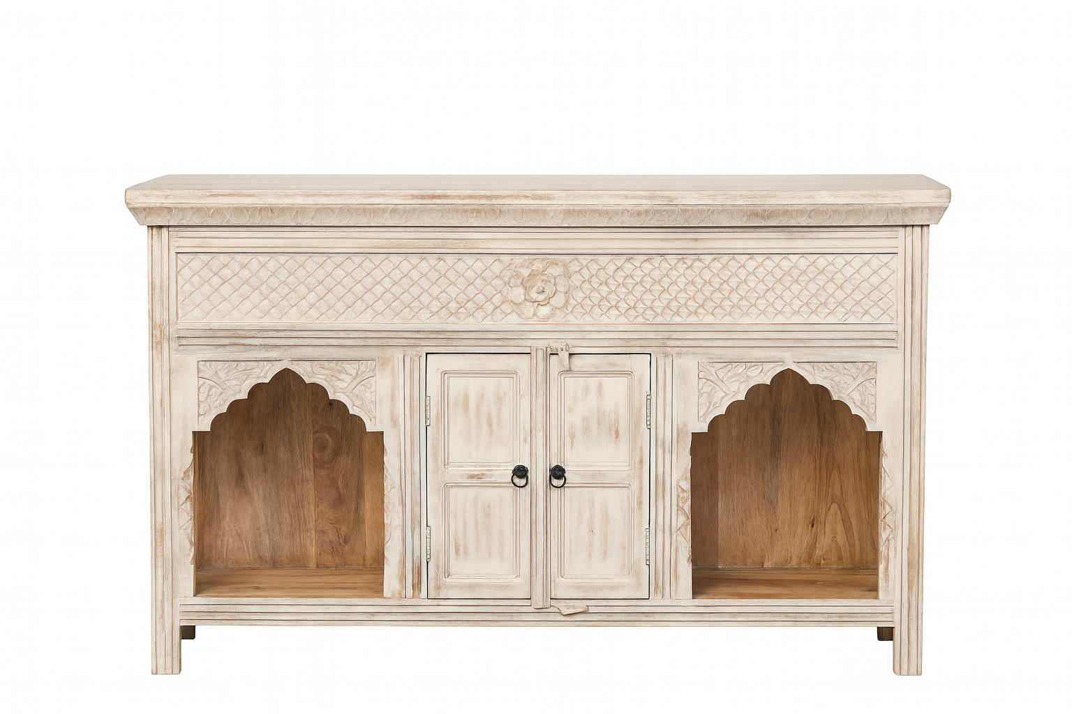 White background image of a mango wood console table with Oriental hand-carved front; Mediterranean style carved console table with two storage compartments, 150 × 90 × 40 cm.