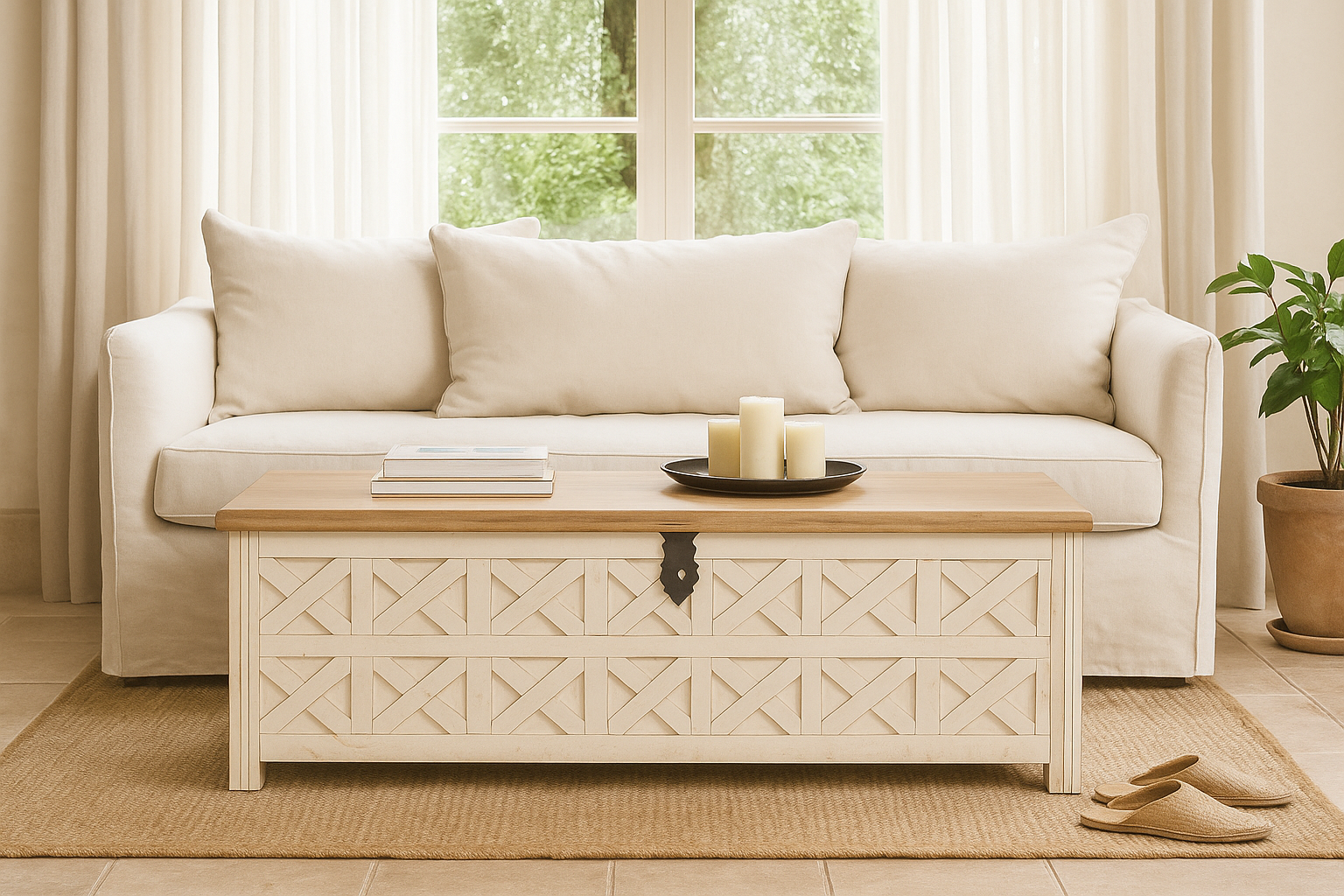 Lifestyle image of a hand-carved mango wood vintage chest front view – styled in Mediterranean living room with books, candles, natural textures, and soft daylight.