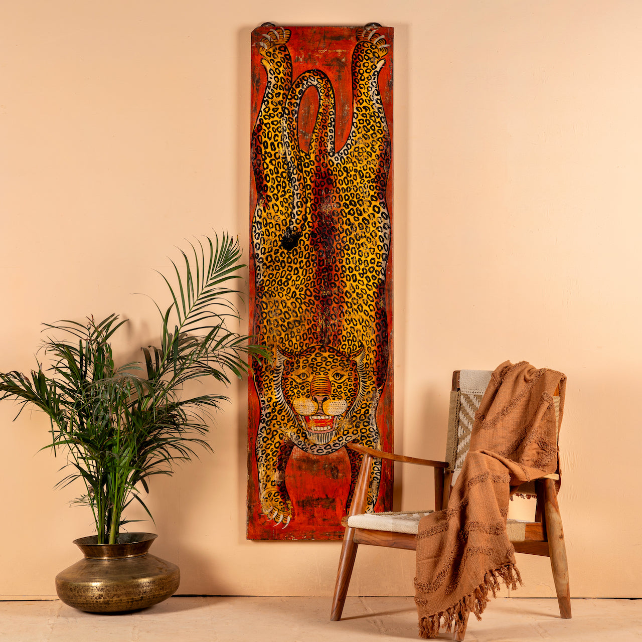 Arishta hand-painted wooden wall decoration featuring an Indian tiger on recycled teak—an expressive Indian door decoration with heritage and artistic depth.